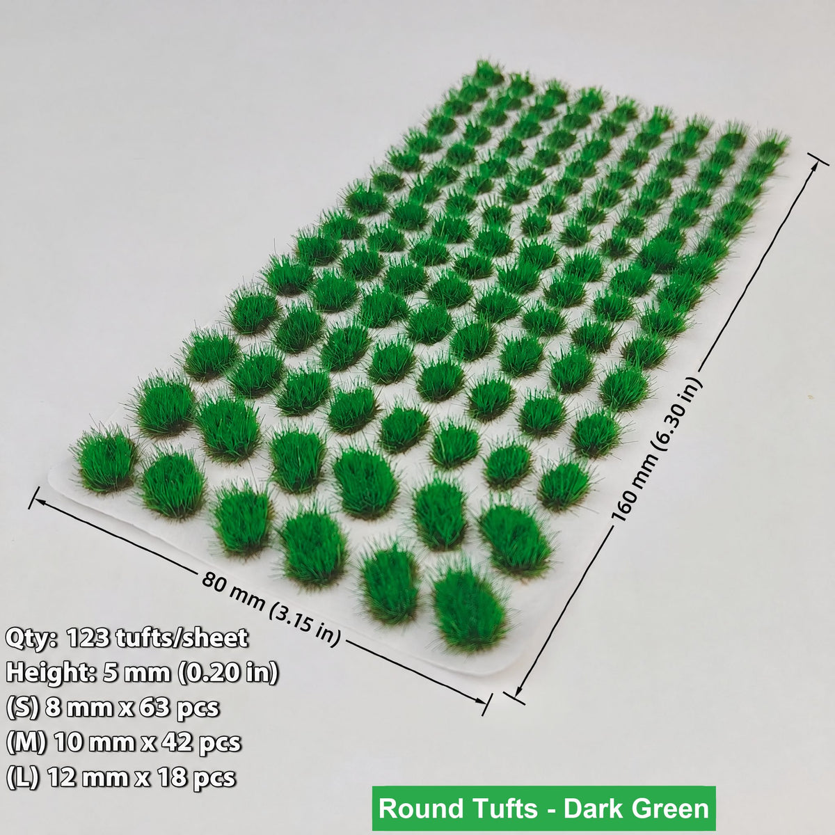5mm round grass tufts, 123 tufts, dark green, 80 x 160 mm sheet - Wargame Base World