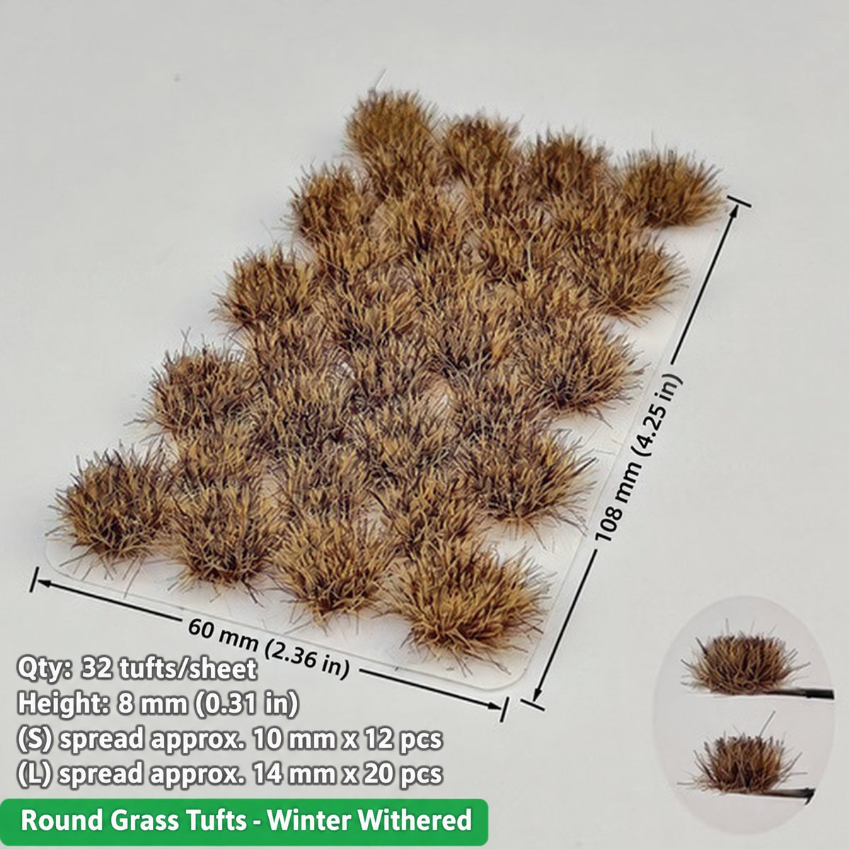 Round large grass clumps, 32 per sheet, 12 small approx. 10 mm spread and 20 large approx. 14 mm spread, height 8 mm, 60 x 108 mm sheet - Wargame Base World