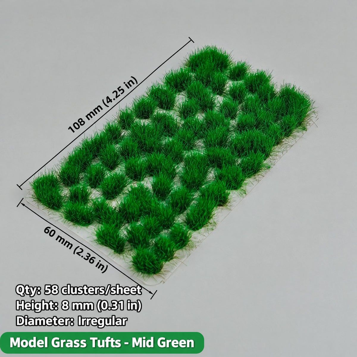 Irregular grass tufts, 58 per sheet, 8 mm, mid green, 60 x 108 mm - Wargame Base World