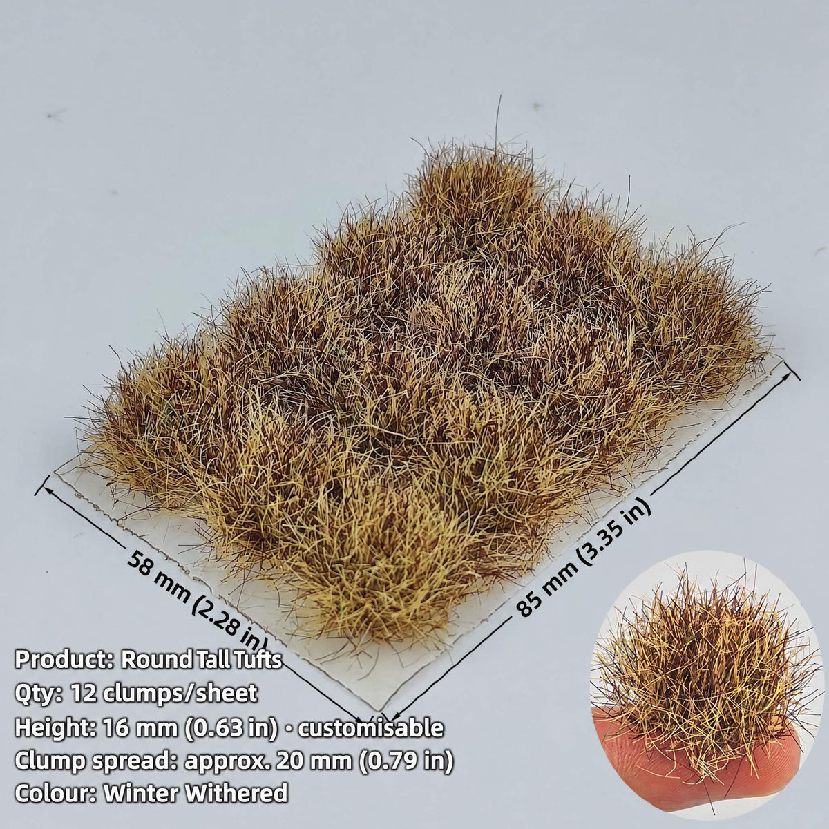 Tall grass tufts, 12 clumps per sheet, 16 mm, winter withered, clump spread approx. 20 mm - Wargame Base World