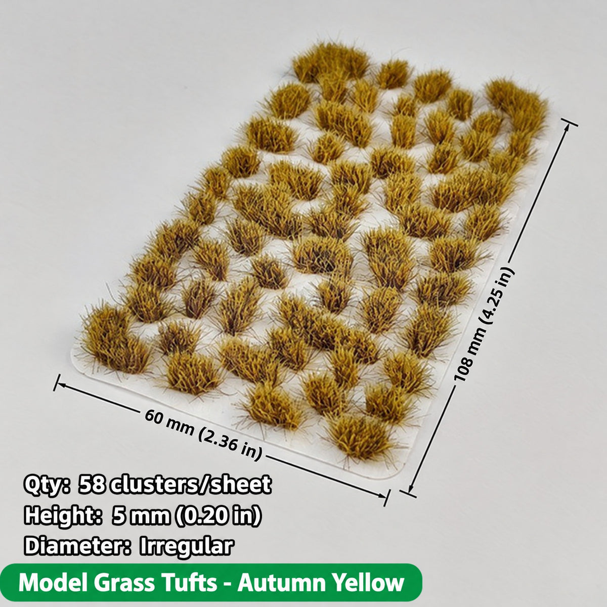 Irregular grass tufts, 58 per sheet, 5 mm, autumn yellow, 60 x 108 mm - Wargame Base World