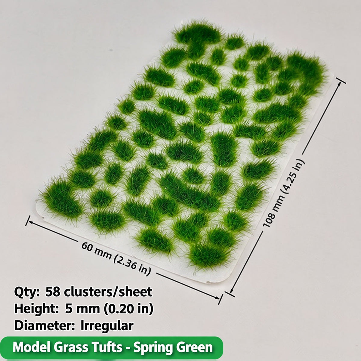Irregular grass tufts, 58 per sheet, 5 mm, spring green, 60 x 108 mm - Wargame Base World