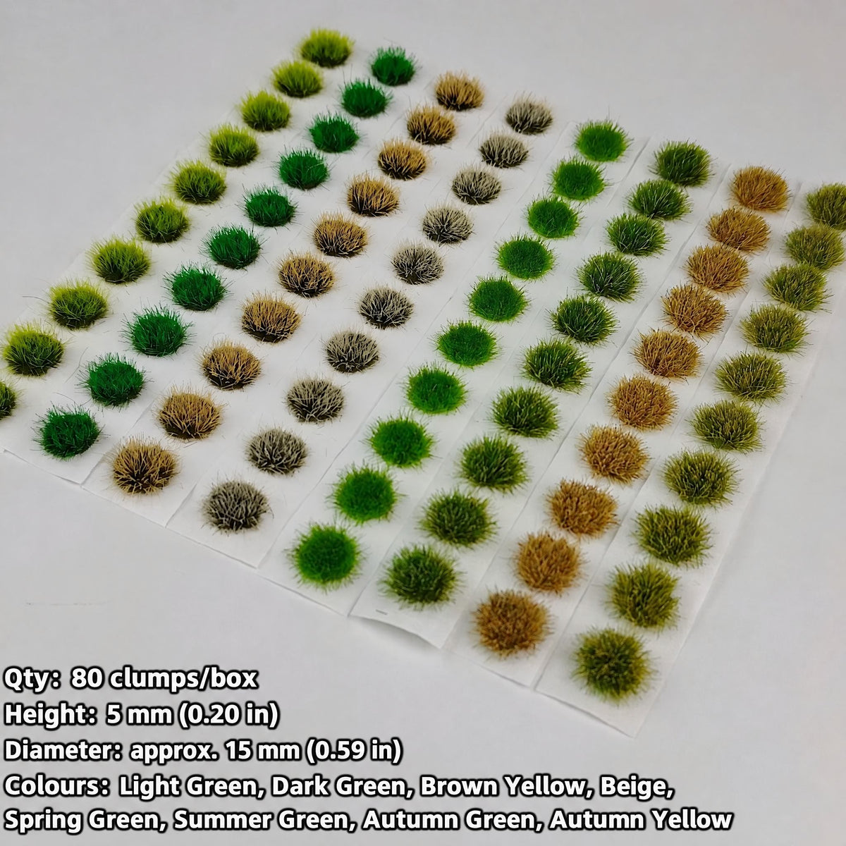 5mm mixed grass tufts, 80 clumps per box, single row, 8 grass colours - Wargame Base World