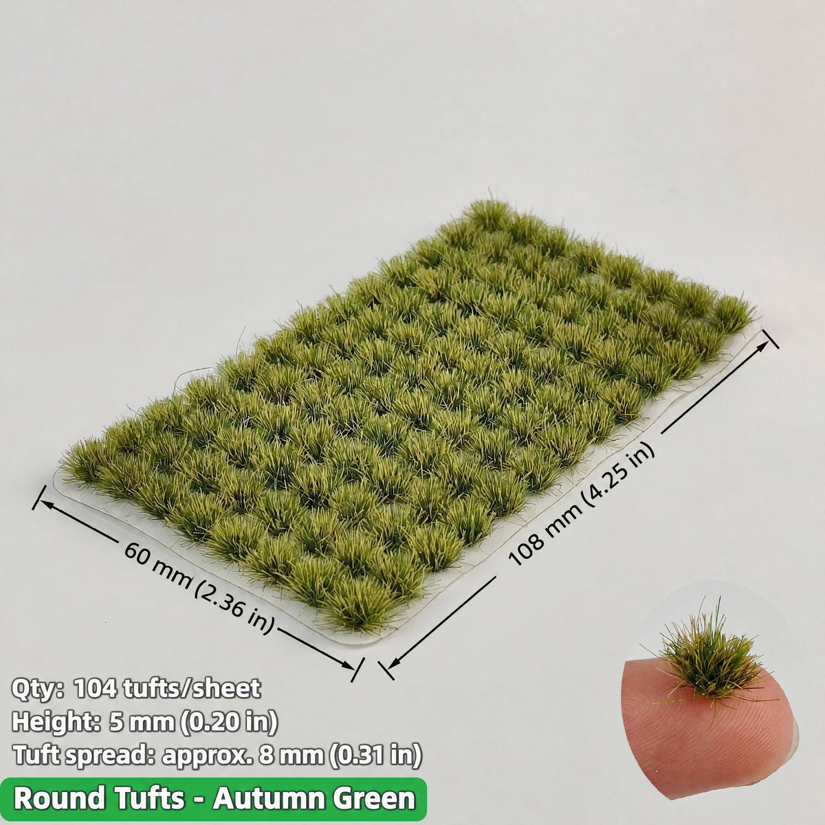 5mm round static grass tufts, 104 tufts per sheet, autumn green, 60 x 108 mm - Wargame Base World