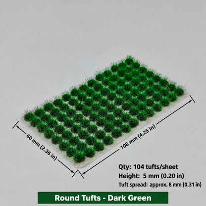 5mm round static grass tufts, 104 tufts per sheet, dark green, 60 x 108 mm - Wargame Base World