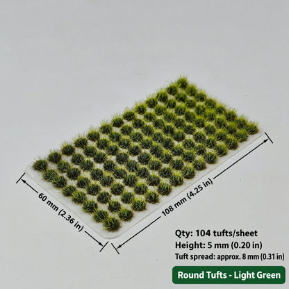 5mm round static grass tufts, 104 tufts per sheet, light green, 60 x 108 mm - Wargame Base World