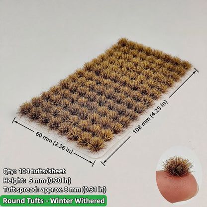 5mm round static grass tufts, 104 tufts per sheet, winter withered, 60 x 108 mm - Wargame Base World