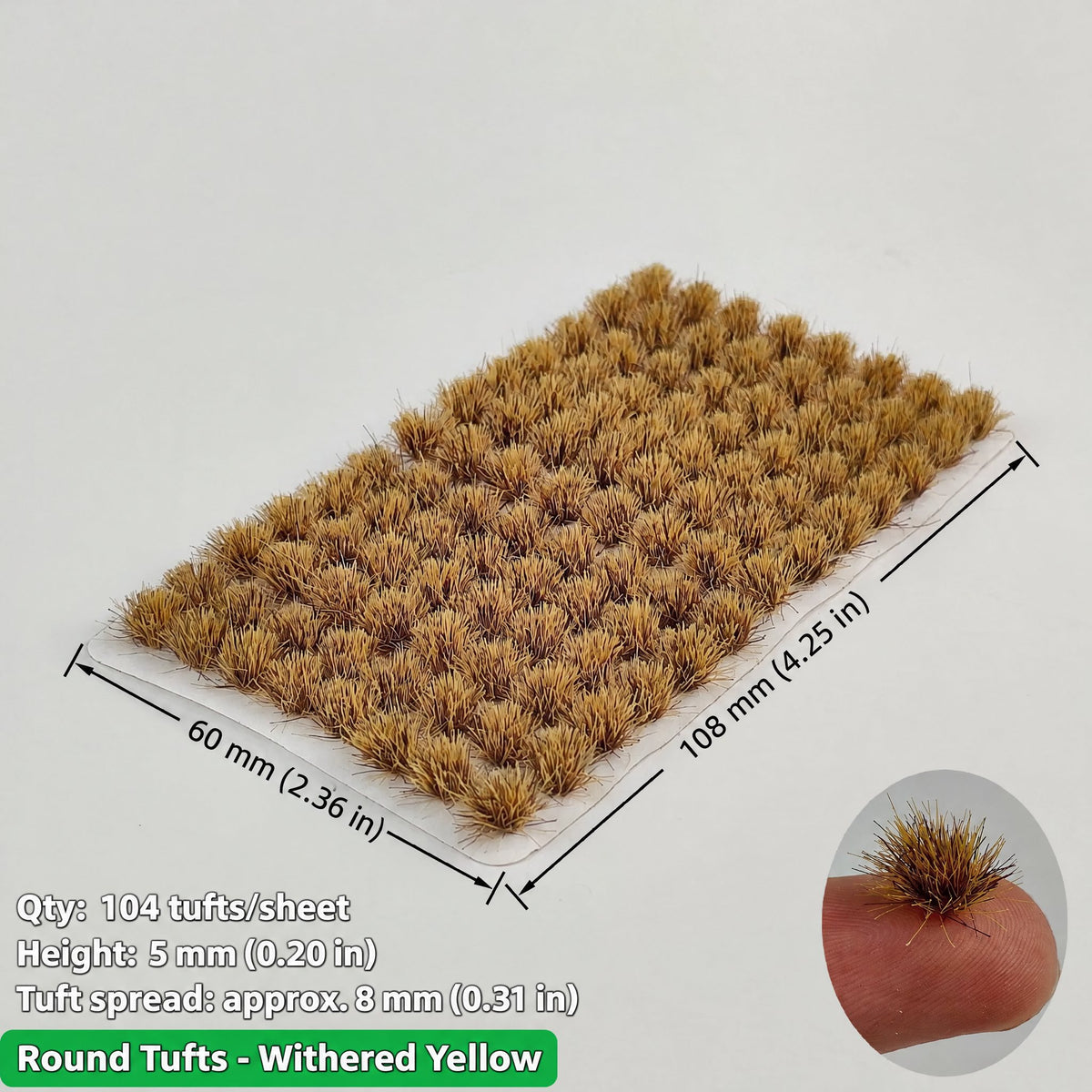 5mm round static grass tufts, 104 tufts per sheet, withered yellow, 60 x 108 mm - Wargame Base World