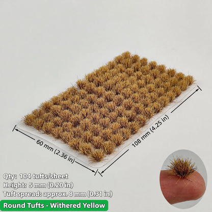 5mm round static grass tufts, 104 tufts per sheet, withered yellow, 60 x 108 mm - Wargame Base World