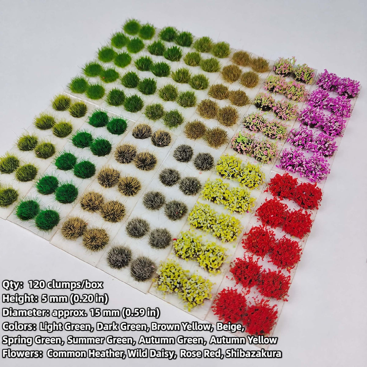 5mm grass and flower mix tufts, 120 clumps per box, 8 grasses + 4 flowers - Wargame Base World