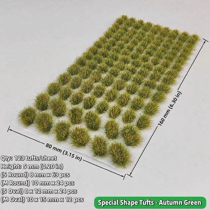 5mm special shape grass tufts, 123 tufts, autumn green, S/M round and S/M oval grades, 80 x 160 mm sheet - Wargame Base World