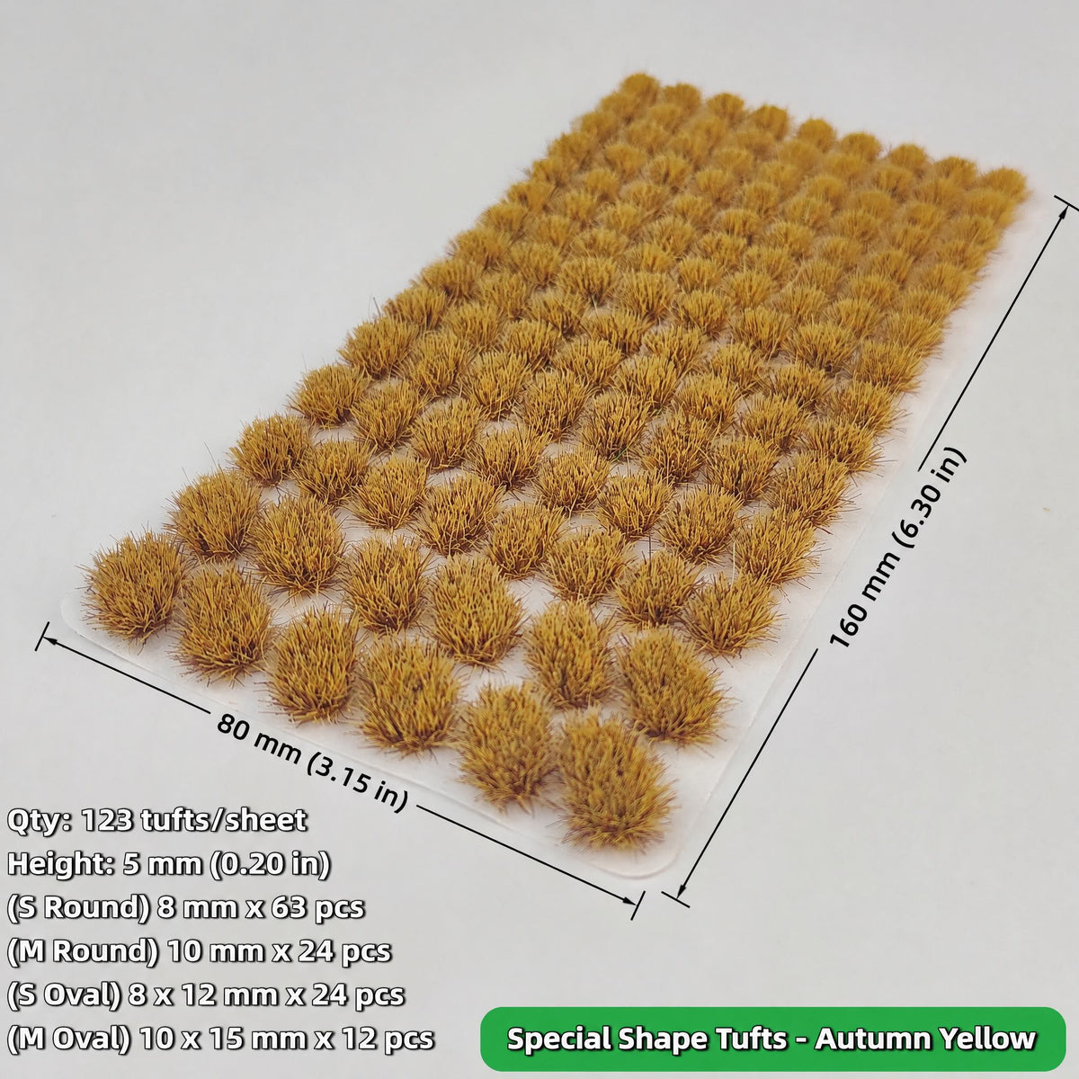 5mm special shape grass tufts, 123 tufts, autumn yellow, S/M round and S/M oval grades, 80 x 160 mm sheet - Wargame Base World