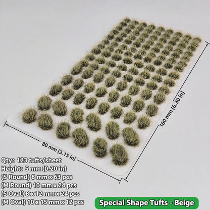 5mm special shape grass tufts, 123 tufts, beige, S/M round and S/M oval grades, 80 x 160 mm sheet - Wargame Base World