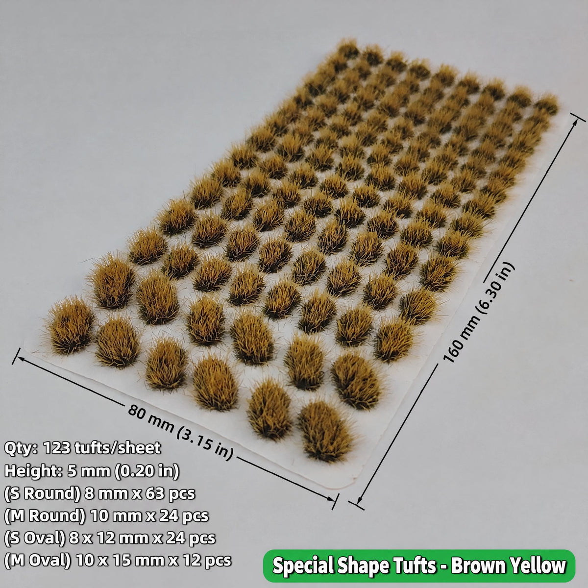 5mm special shape grass tufts, 123 tufts, brown yellow, S/M round and S/M oval grades, 80 x 160 mm sheet - Wargame Base World