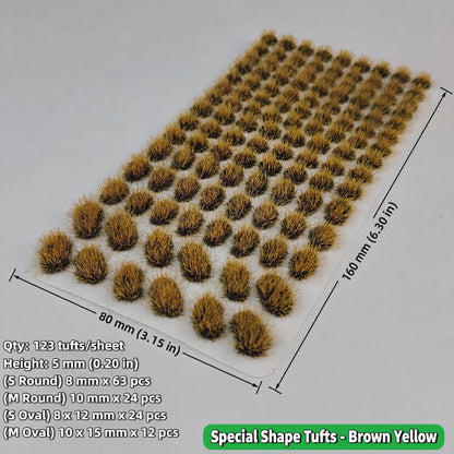 5mm special shape grass tufts, 123 tufts, brown yellow, S/M round and S/M oval grades, 80 x 160 mm sheet - Wargame Base World