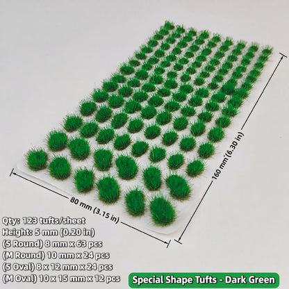 5mm special shape grass tufts, 123 tufts, dark green, S/M round and S/M oval grades, 80 x 160 mm sheet - Wargame Base World
