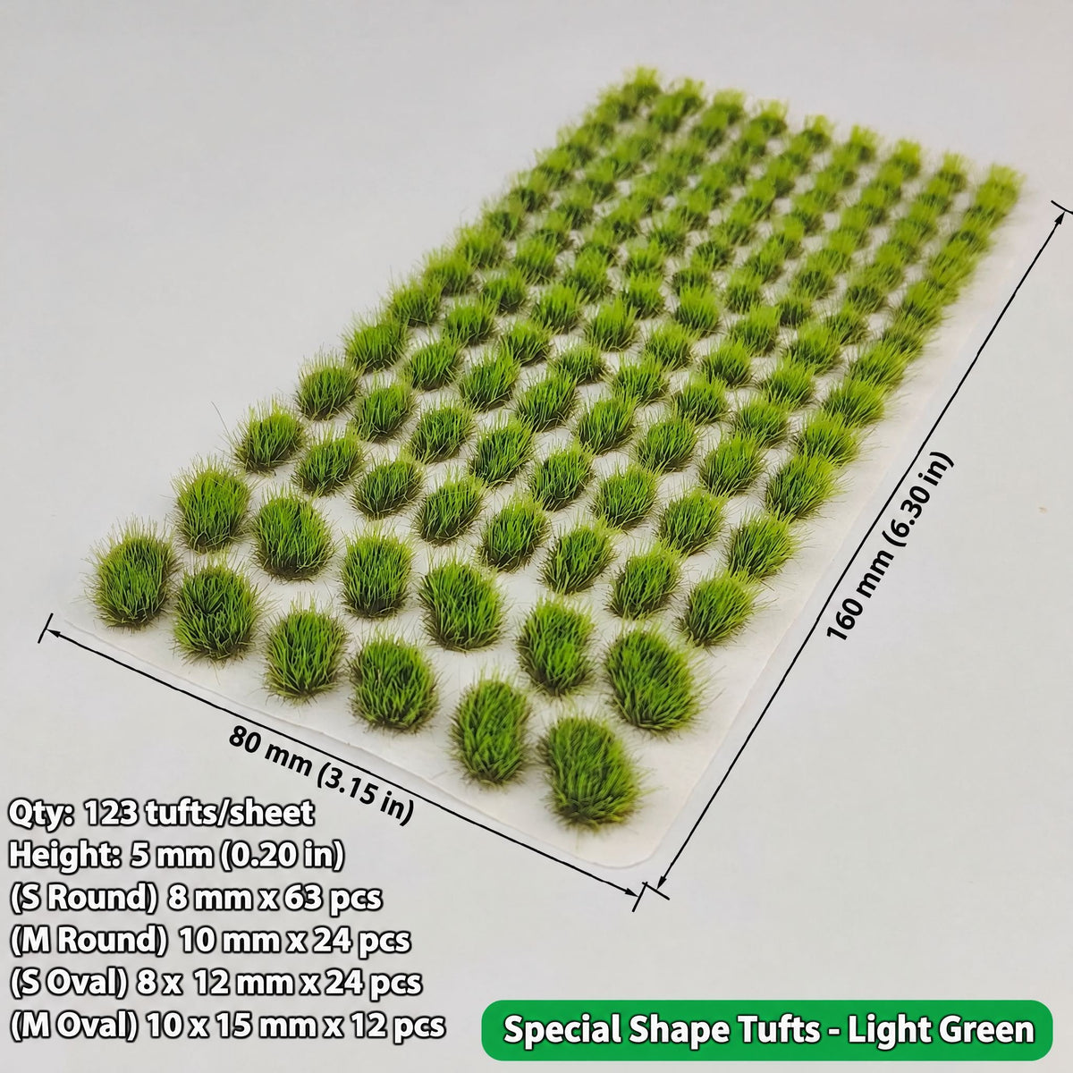 5mm special shape grass tufts, 123 tufts, light green, S/M round and S/M oval grades, 80 x 160 mm sheet - Wargame Base World