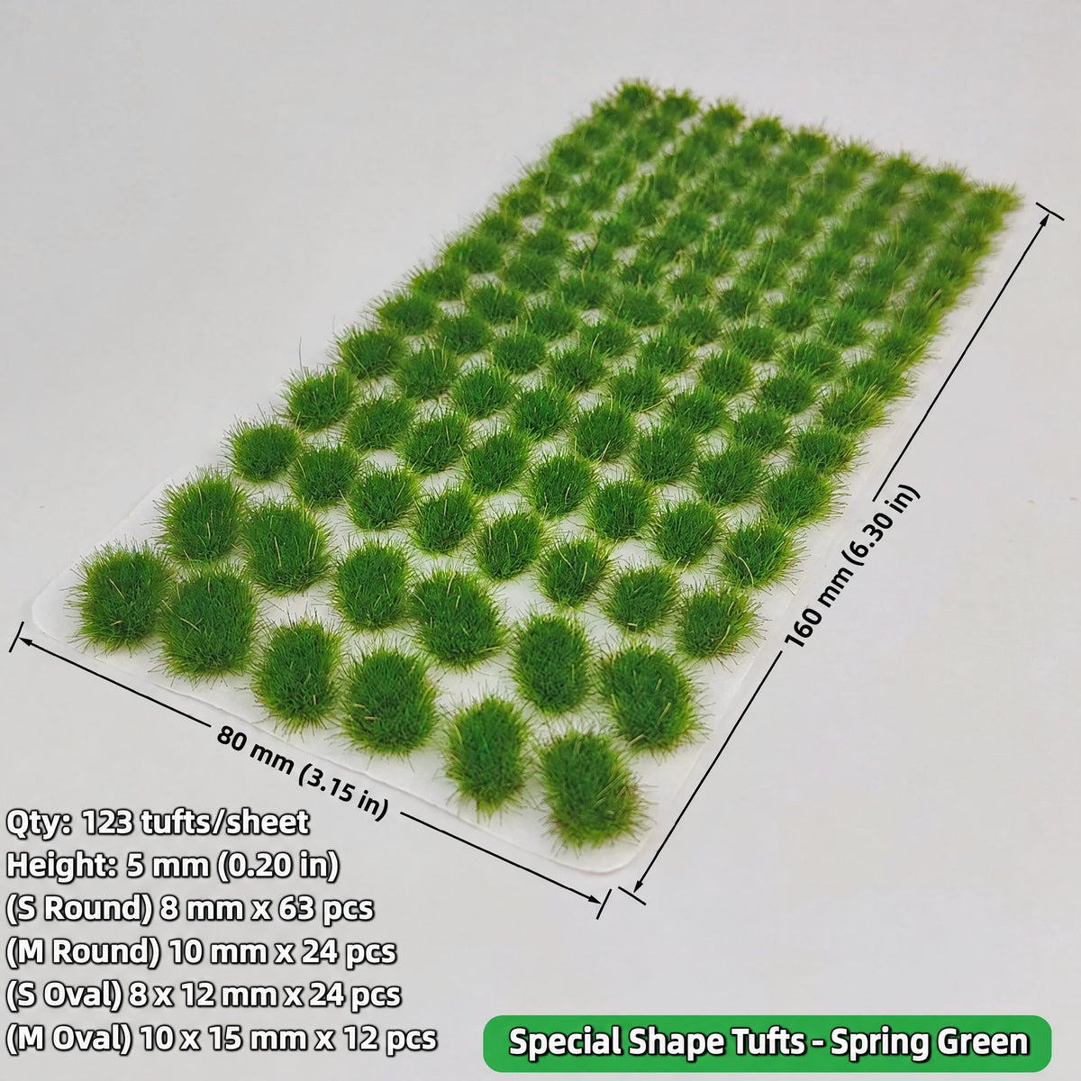 5mm special shape grass tufts, 123 tufts, spring green, S/M round and S/M oval grades, 80 x 160 mm sheet - Wargame Base World