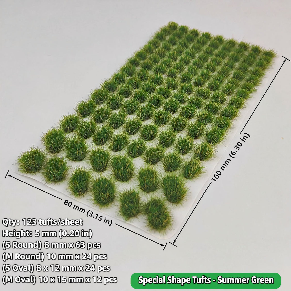 5mm special shape grass tufts, 123 tufts, summer green, S/M round and S/M oval grades, 80 x 160 mm sheet - Wargame Base World