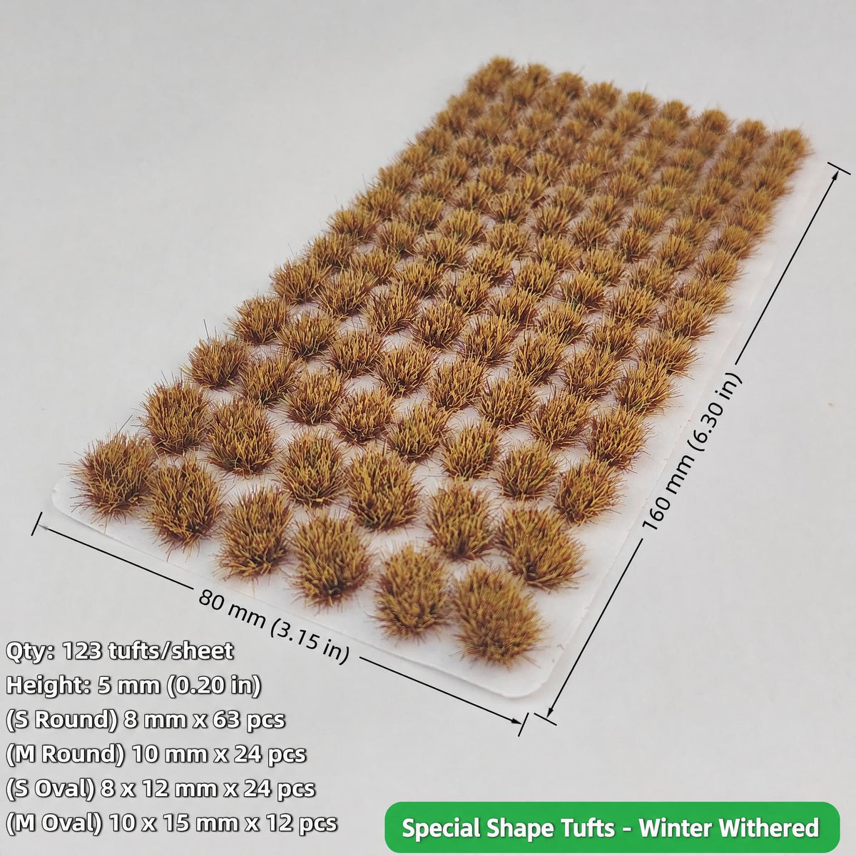 5mm special shape grass tufts, 123 tufts, winter withered, S/M round and S/M oval grades, 80 x 160 mm sheet - Wargame Base World