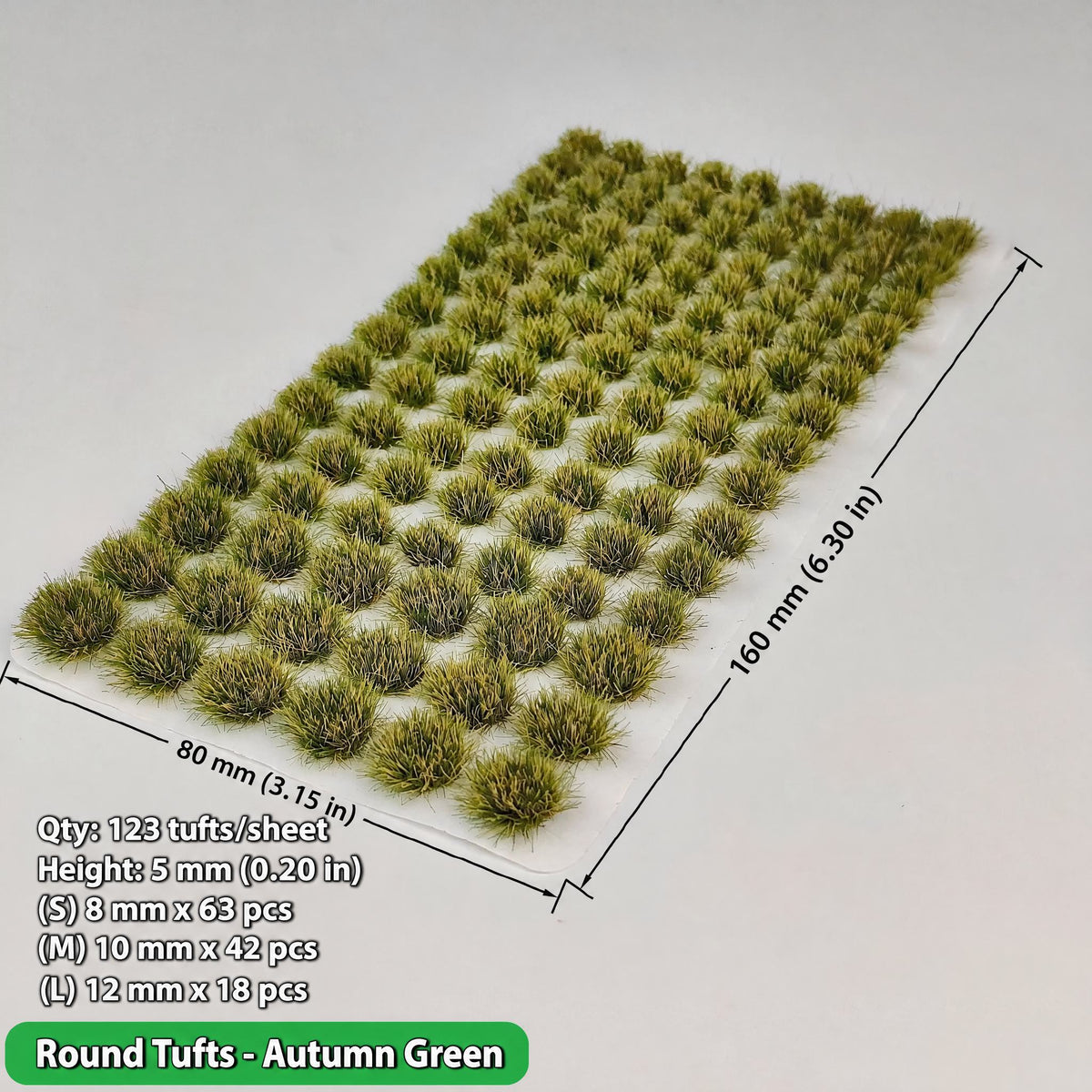 5mm round grass tufts, 123 tufts, autumn green, 80 x 160 mm sheet - Wargame Base World
