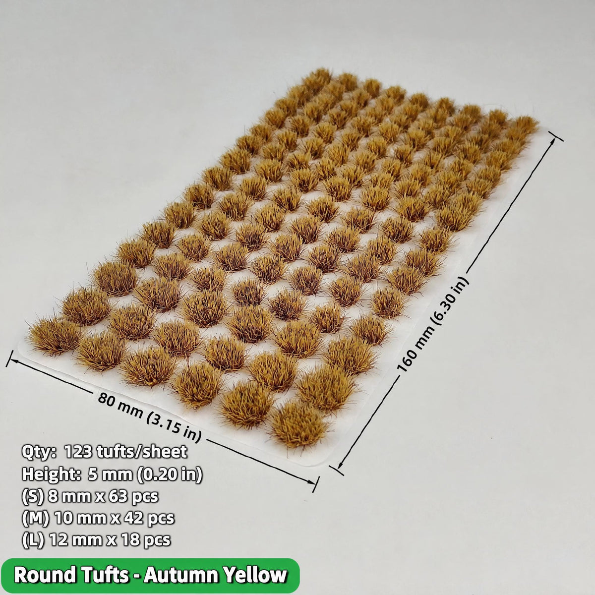 5mm round grass tufts, 123 tufts, autumn yellow, 80 x 160 mm sheet - Wargame Base World