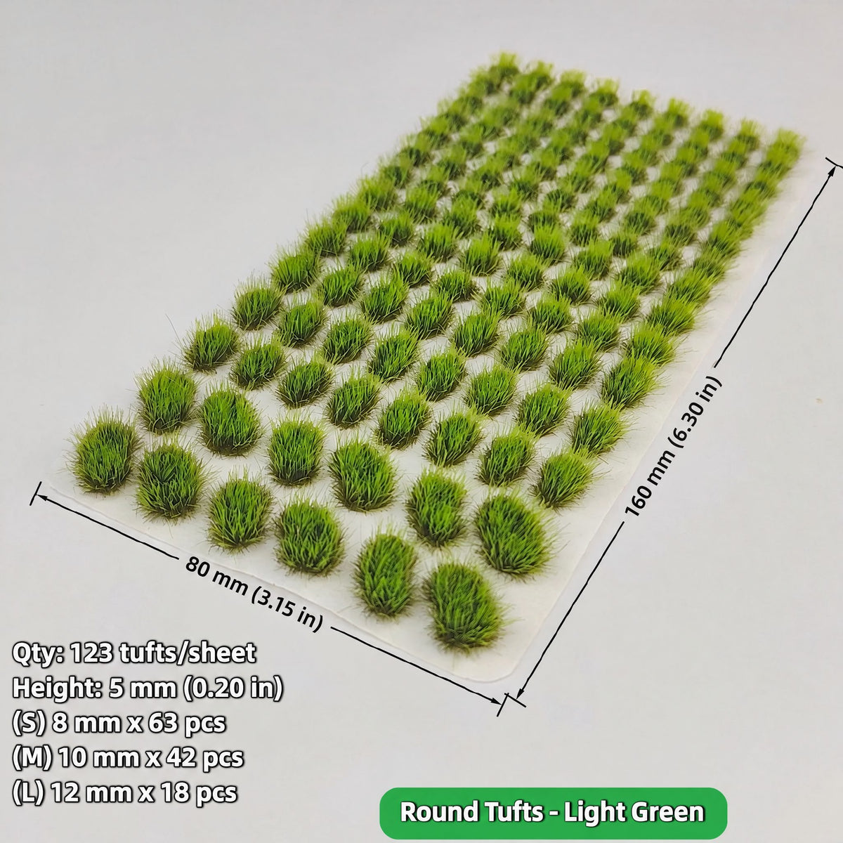 5mm round grass tufts, 123 tufts, light green, 80 x 160 mm sheet - Wargame Base World