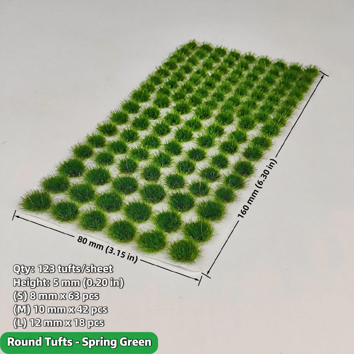 5mm round grass tufts, 123 tufts, spring green, 80 x 160 mm sheet - Wargame Base World