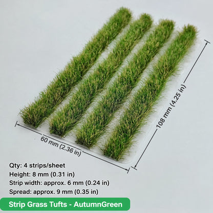 Strip grass tufts, 4 strips per sheet, autumn green, height 8 mm, strip width approx. 6 mm, 60 x 108 mm - Wargame Base World