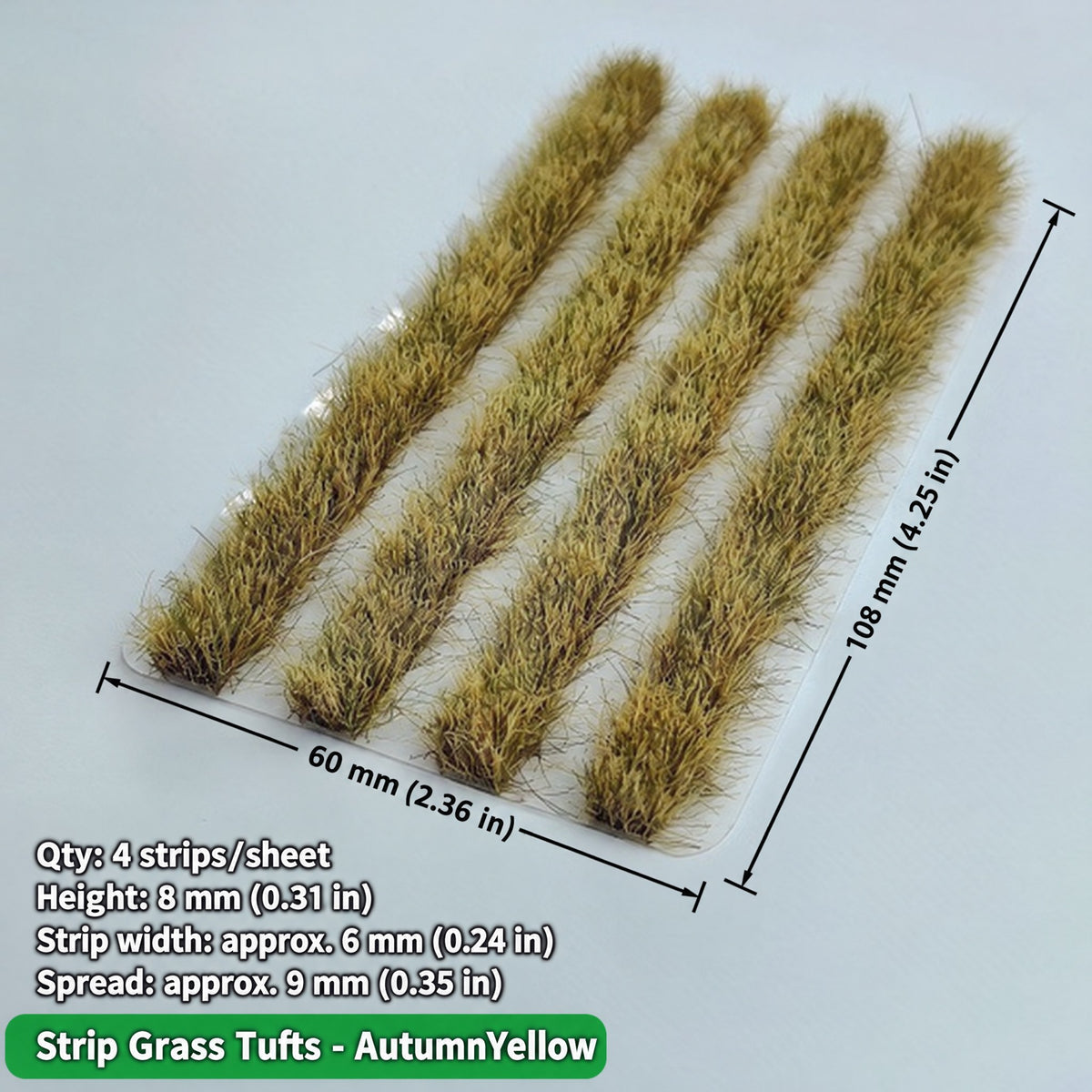 Strip grass tufts, 4 strips per sheet, autumn yellow, height 8 mm, strip width approx. 6 mm, 60 x 108 mm - Wargame Base World