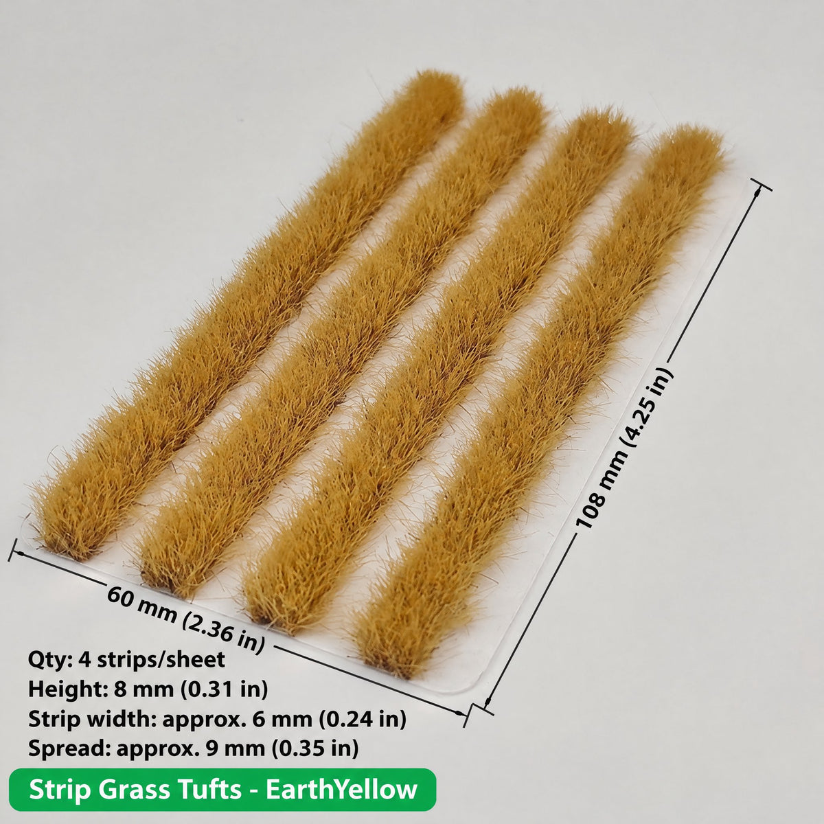 Strip grass tufts, 4 strips per sheet, earth yellow, height 8 mm, strip width approx. 6 mm, 60 x 108 mm - Wargame Base World