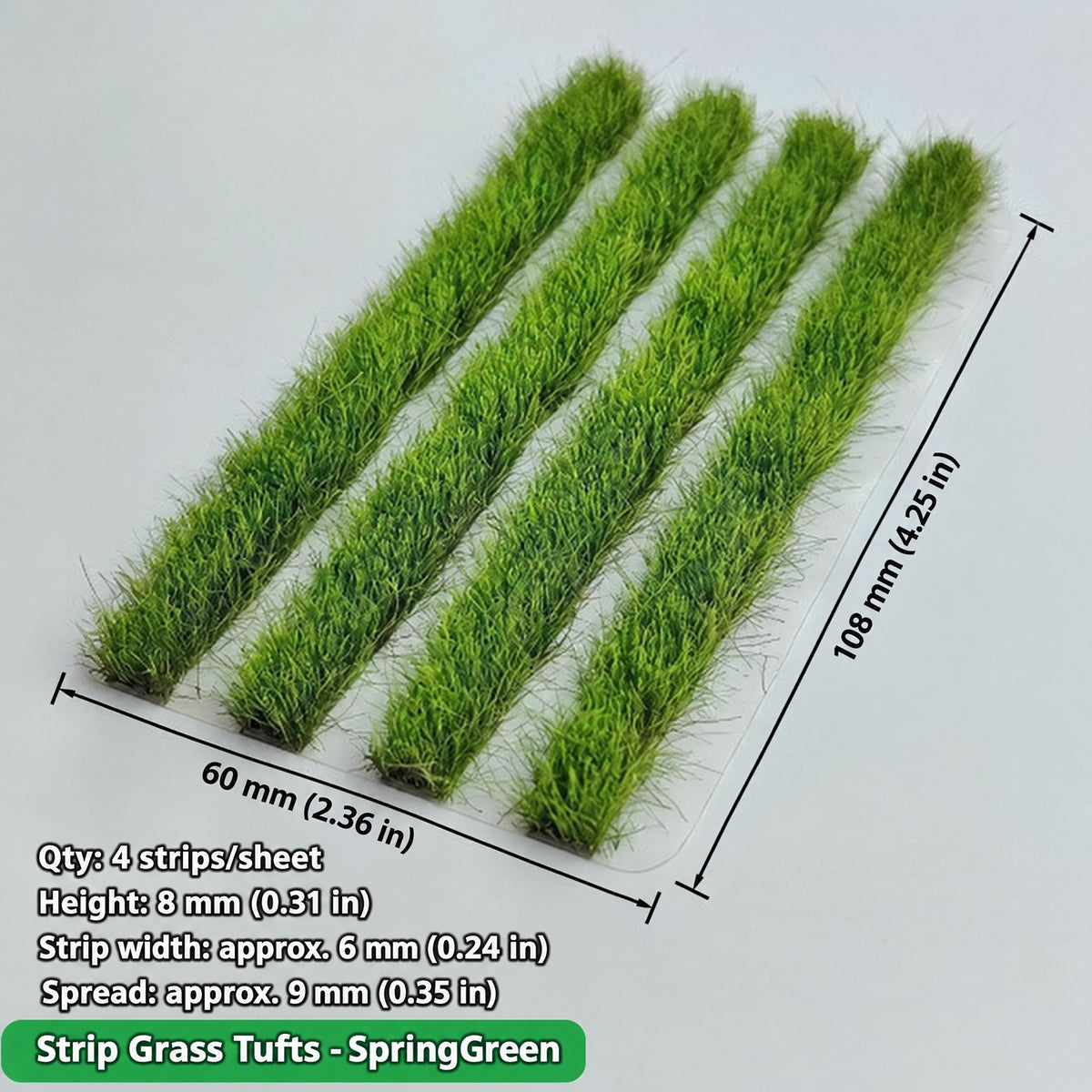Strip grass tufts, 4 strips per sheet, spring green, height 8 mm, strip width approx. 6 mm, 60 x 108 mm - Wargame Base World