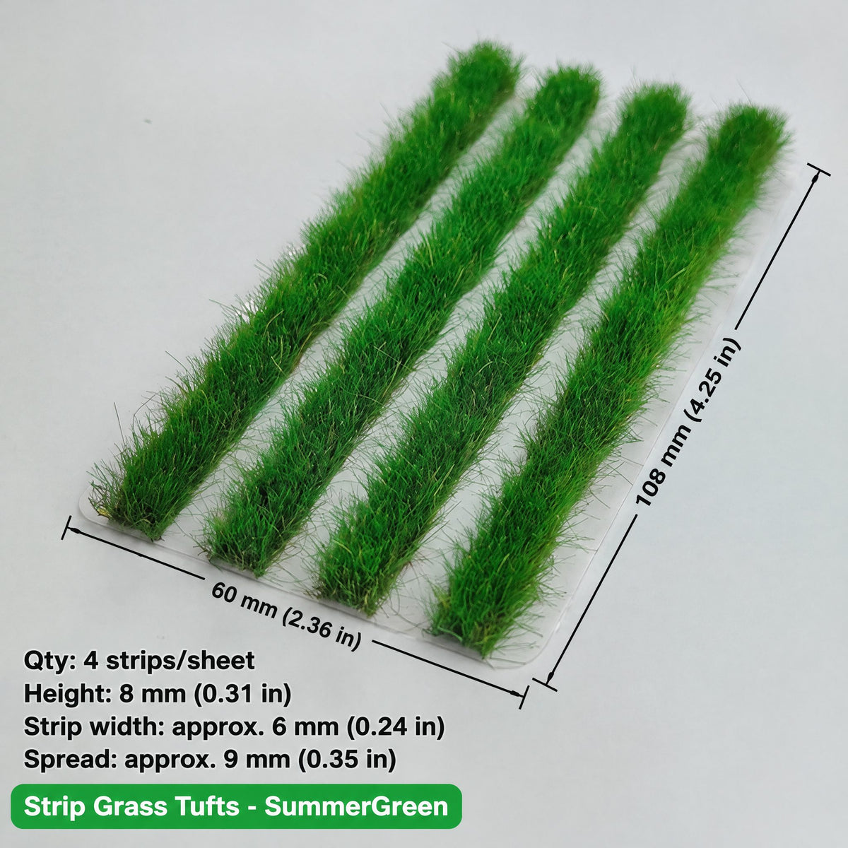Strip grass tufts, 4 strips per sheet, summer green, height 8 mm, strip width approx. 6 mm, 60 x 108 mm - Wargame Base World