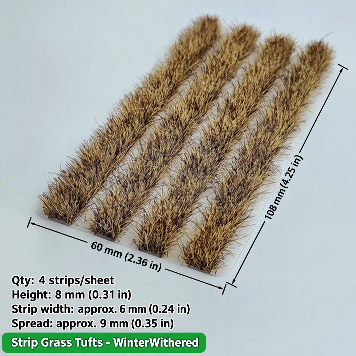 Strip grass tufts, 4 strips per sheet, winter withered, height 8 mm, strip width approx. 6 mm, 60 x 108 mm - Wargame Base World