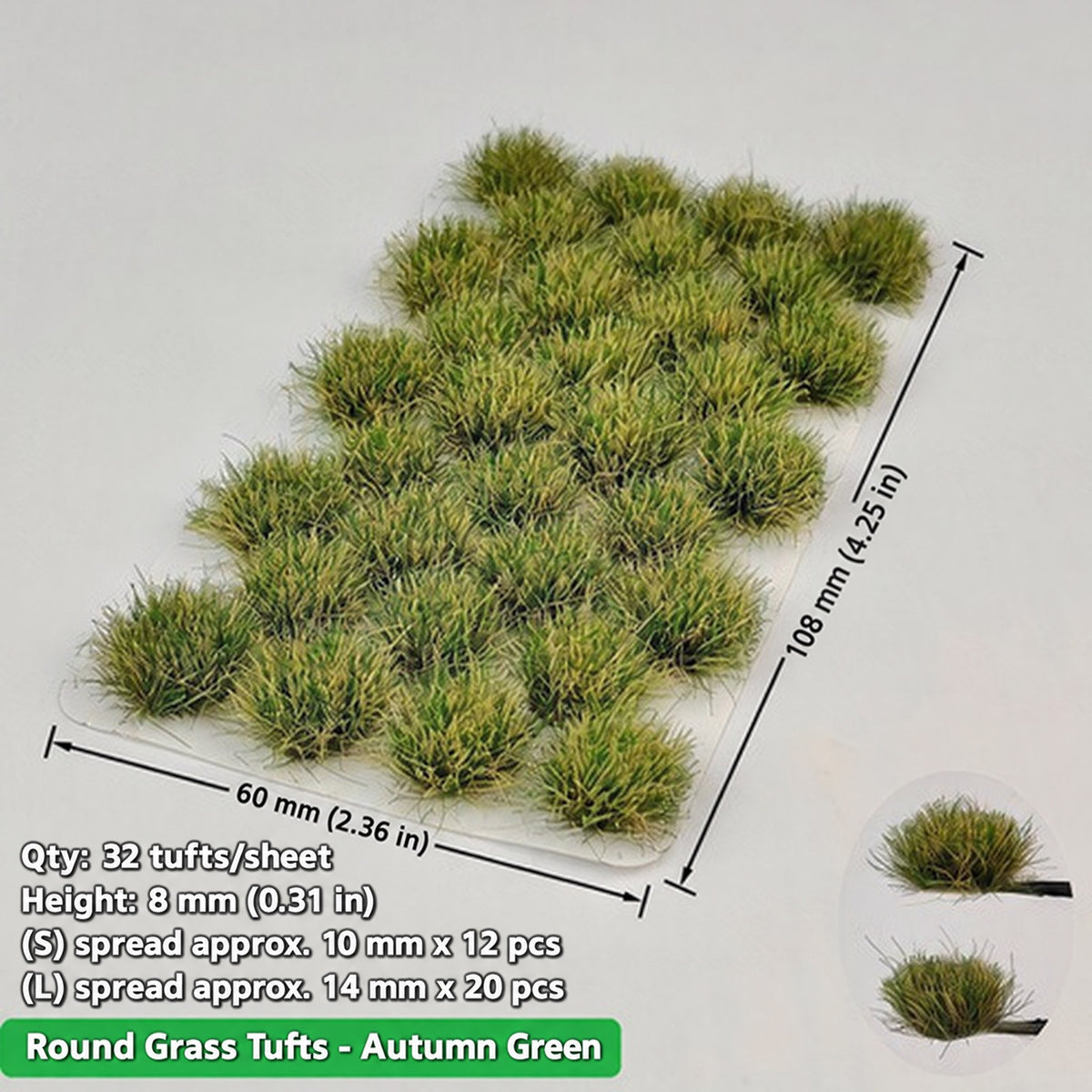 Round large grass clumps, 32 per sheet, 12 small approx. 10 mm spread and 20 large approx. 14 mm spread, height 8 mm, 60 x 108 mm sheet - Wargame Base World
