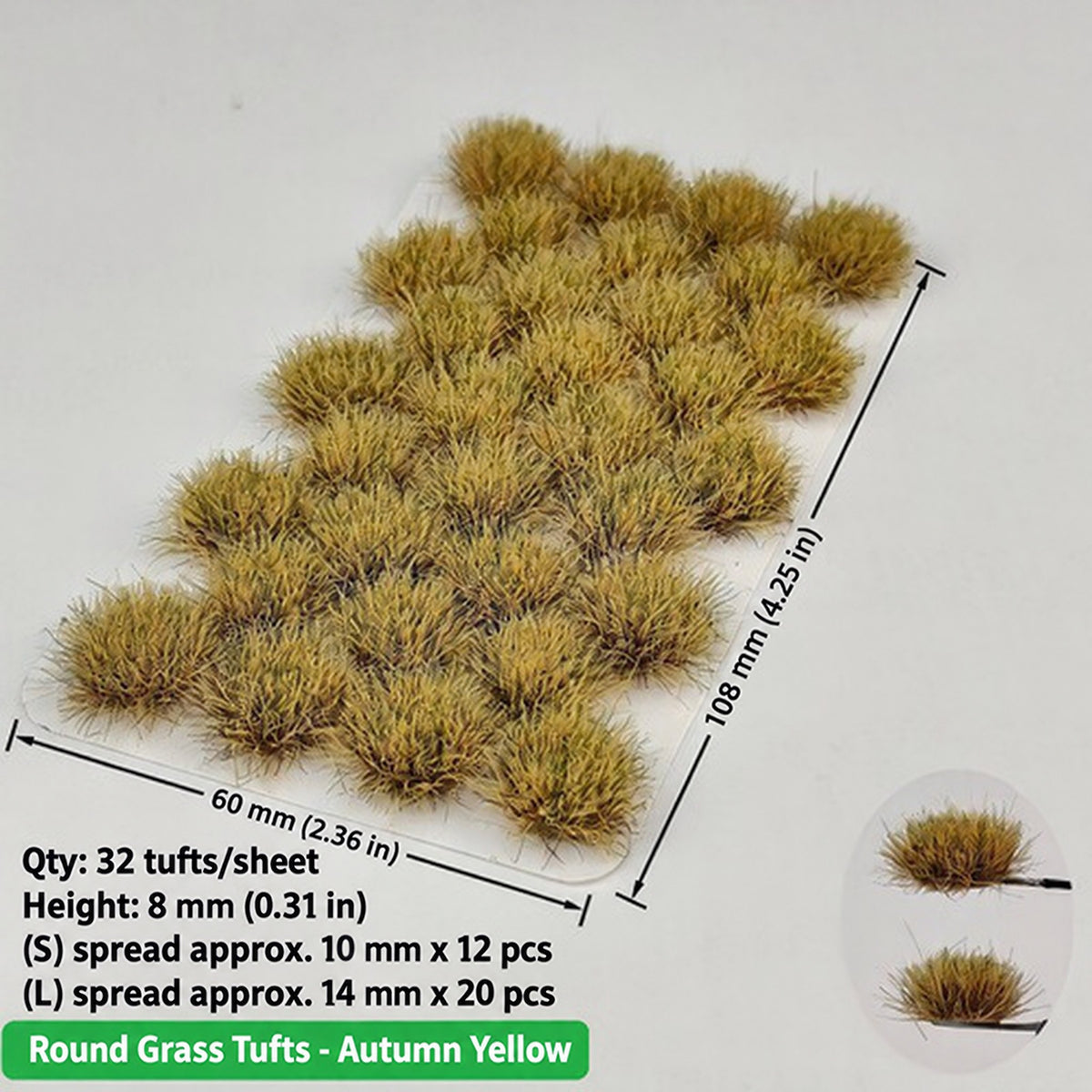 Round large grass clumps, 32 per sheet, 12 small approx. 10 mm spread and 20 large approx. 14 mm spread, height 8 mm, 60 x 108 mm sheet - Wargame Base World