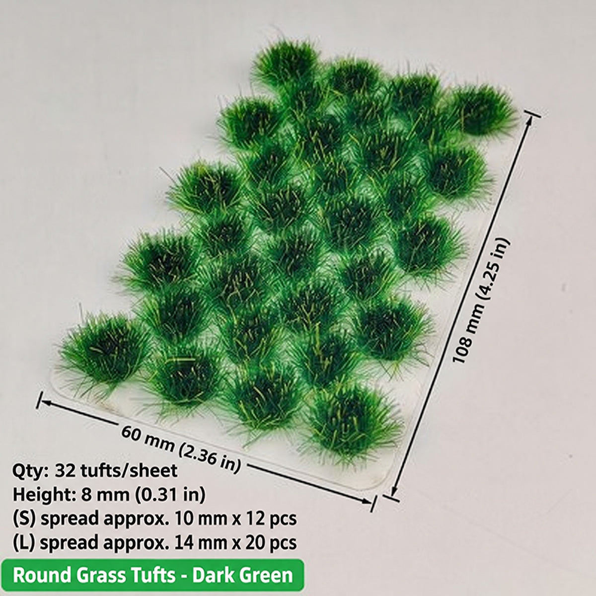 Round large grass clumps, 32 per sheet, 12 small approx. 10 mm spread and 20 large approx. 14 mm spread, height 8 mm, 60 x 108 mm sheet - Wargame Base World