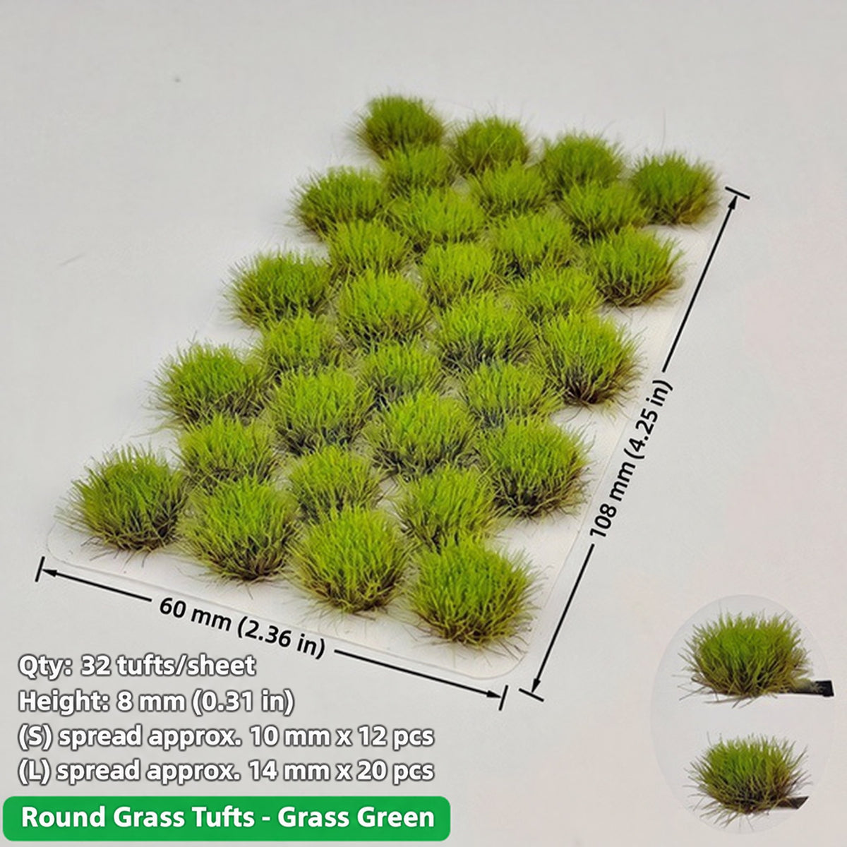 Round large grass clumps, 32 per sheet, 12 small approx. 10 mm spread and 20 large approx. 14 mm spread, height 8 mm, 60 x 108 mm sheet - Wargame Base World