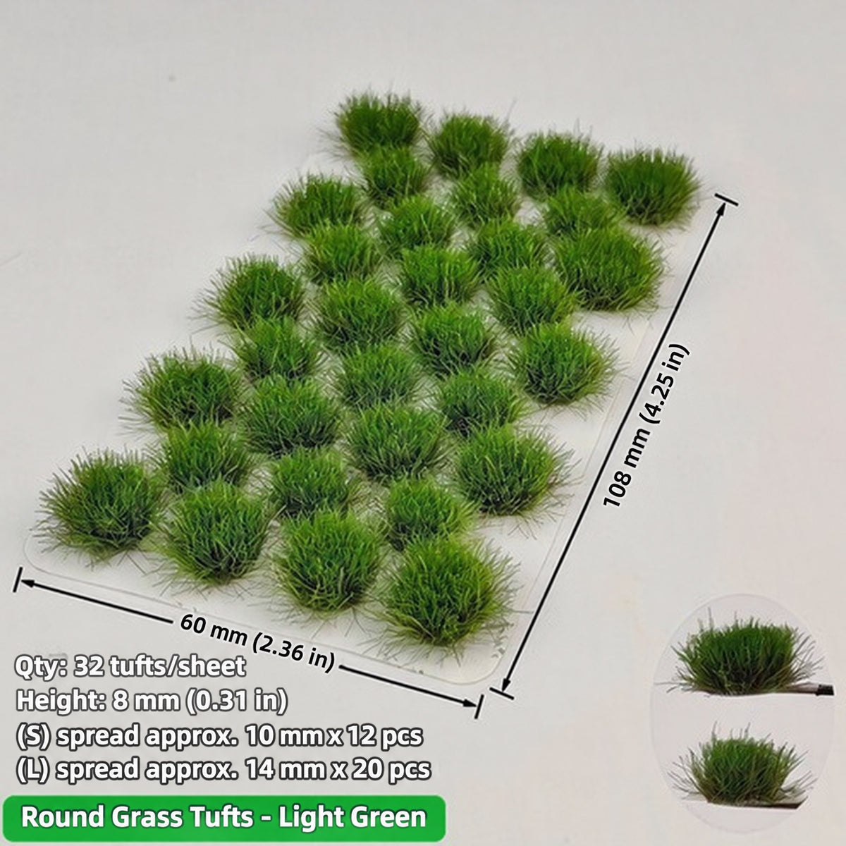 Round large grass clumps, 32 per sheet, 12 small approx. 10 mm spread and 20 large approx. 14 mm spread, height 8 mm, 60 x 108 mm sheet - Wargame Base World