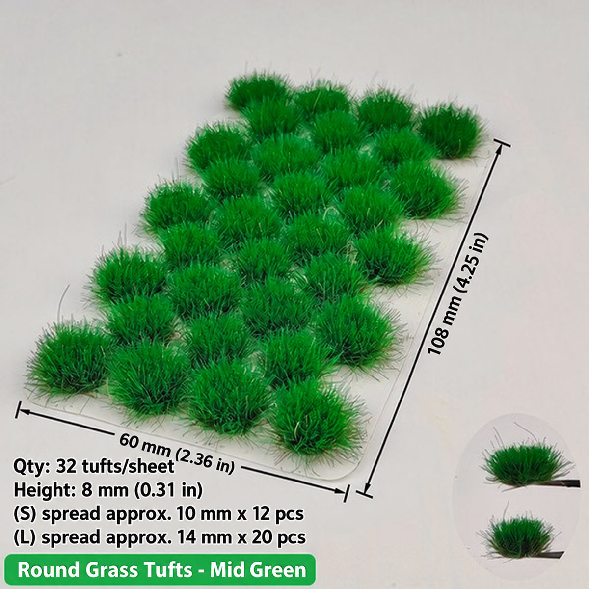 Round large grass clumps, 32 per sheet, 12 small approx. 10 mm spread and 20 large approx. 14 mm spread, height 8 mm, 60 x 108 mm sheet - Wargame Base World