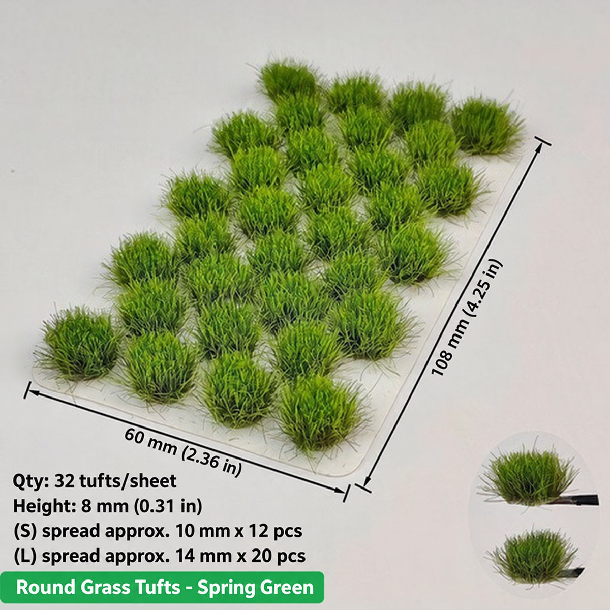 Round large grass clumps, 32 per sheet, 12 small approx. 10 mm spread and 20 large approx. 14 mm spread, height 8 mm, 60 x 108 mm sheet - Wargame Base World