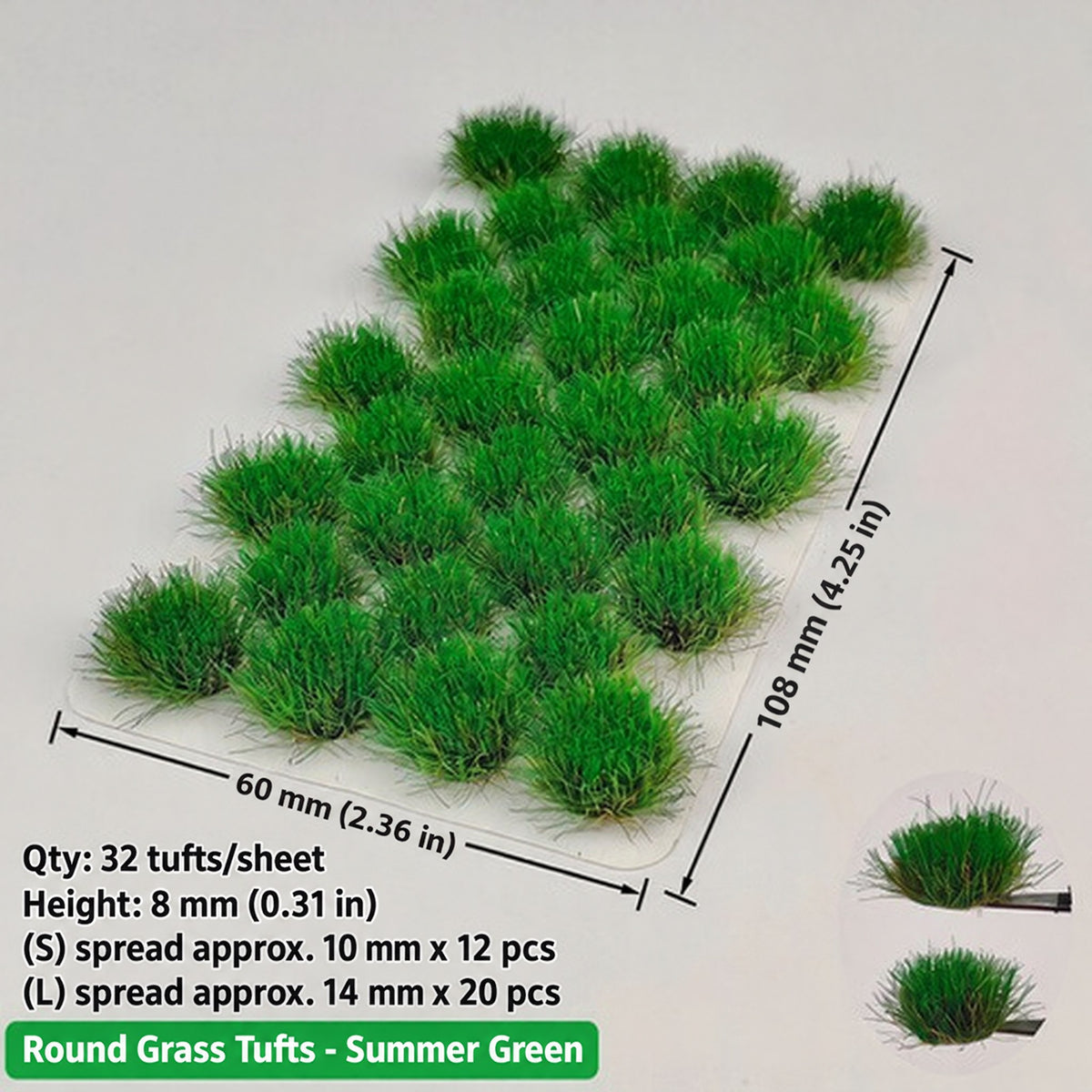 Round large grass clumps, 32 per sheet, 12 small approx. 10 mm spread and 20 large approx. 14 mm spread, height 8 mm, 60 x 108 mm sheet - Wargame Base World