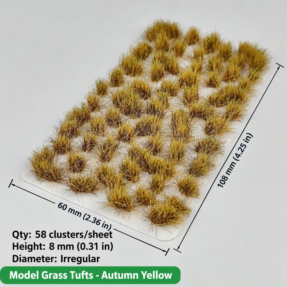 Irregular grass tufts, 58 per sheet, 8 mm, autumn yellow, 60 x 108 mm - Wargame Base World