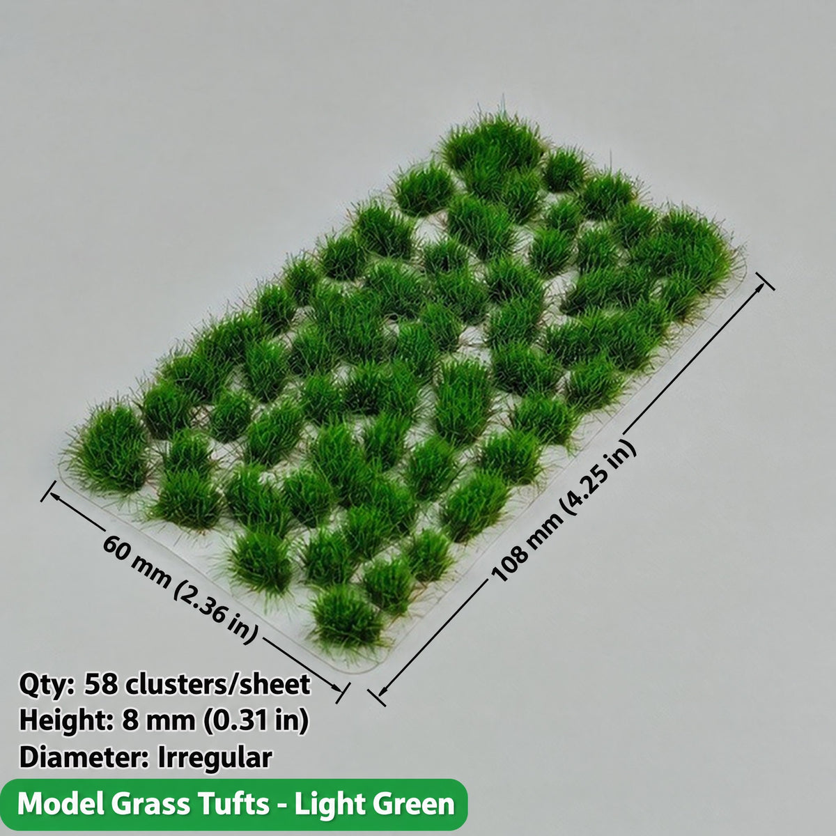 Irregular grass tufts, 58 per sheet, 8 mm, light green, 60 x 108 mm - Wargame Base World