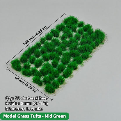 Irregular grass tufts, 58 per sheet, 8 mm, mid green, 60 x 108 mm - Wargame Base World
