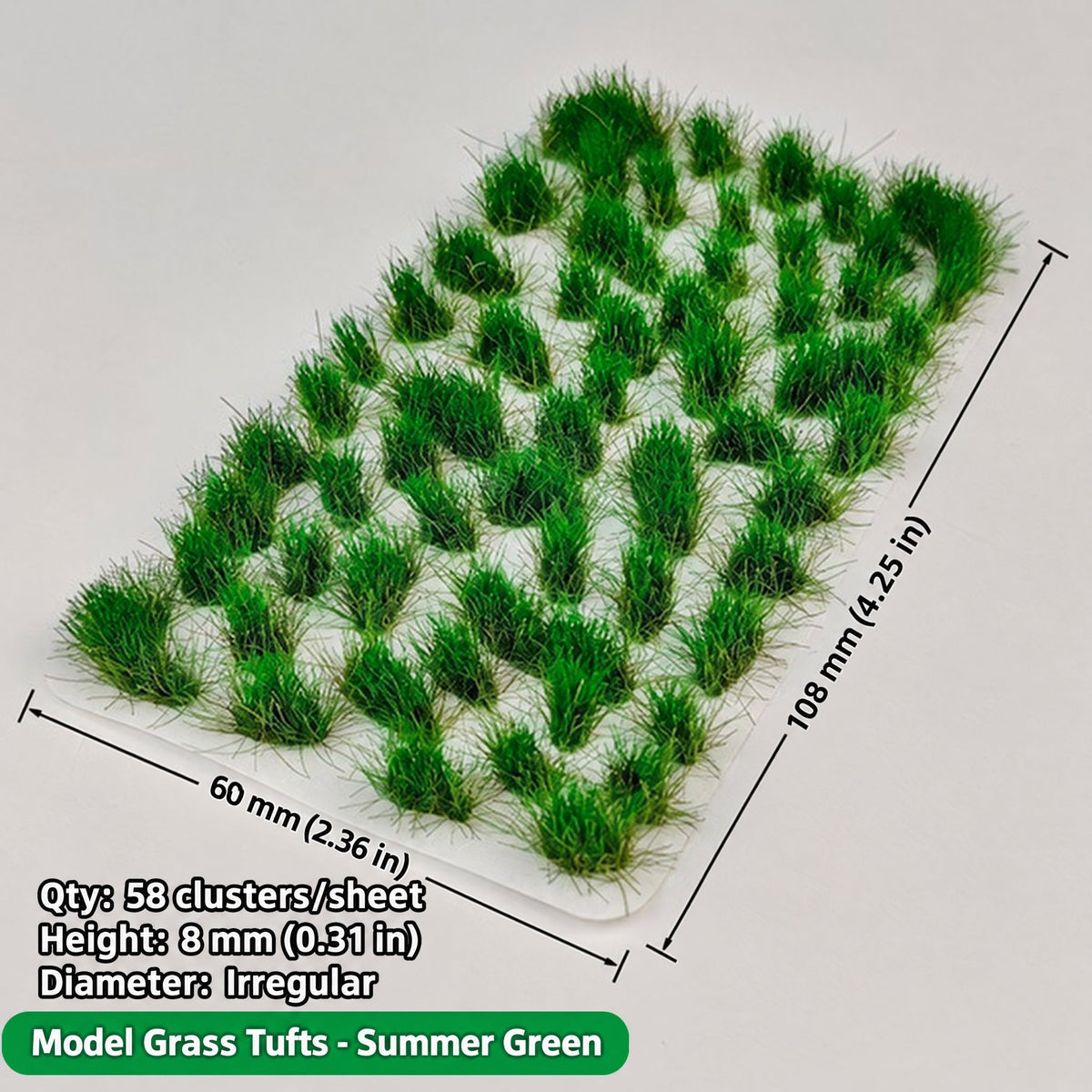 Irregular grass tufts, 58 per sheet, 8 mm, summer green, 60 x 108 mm - Wargame Base World