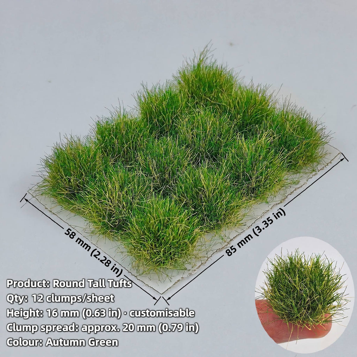 Tall grass tufts, 12 clumps per sheet, 16 mm, autumn green, clump spread approx. 20 mm - Wargame Base World