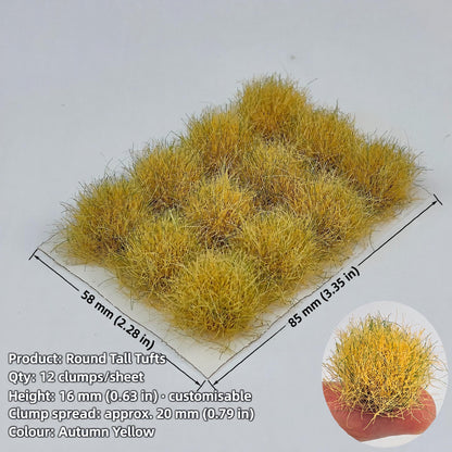 Tall grass tufts, 12 clumps per sheet, 16 mm, autumn yellow, clump spread approx. 20 mm - Wargame Base World