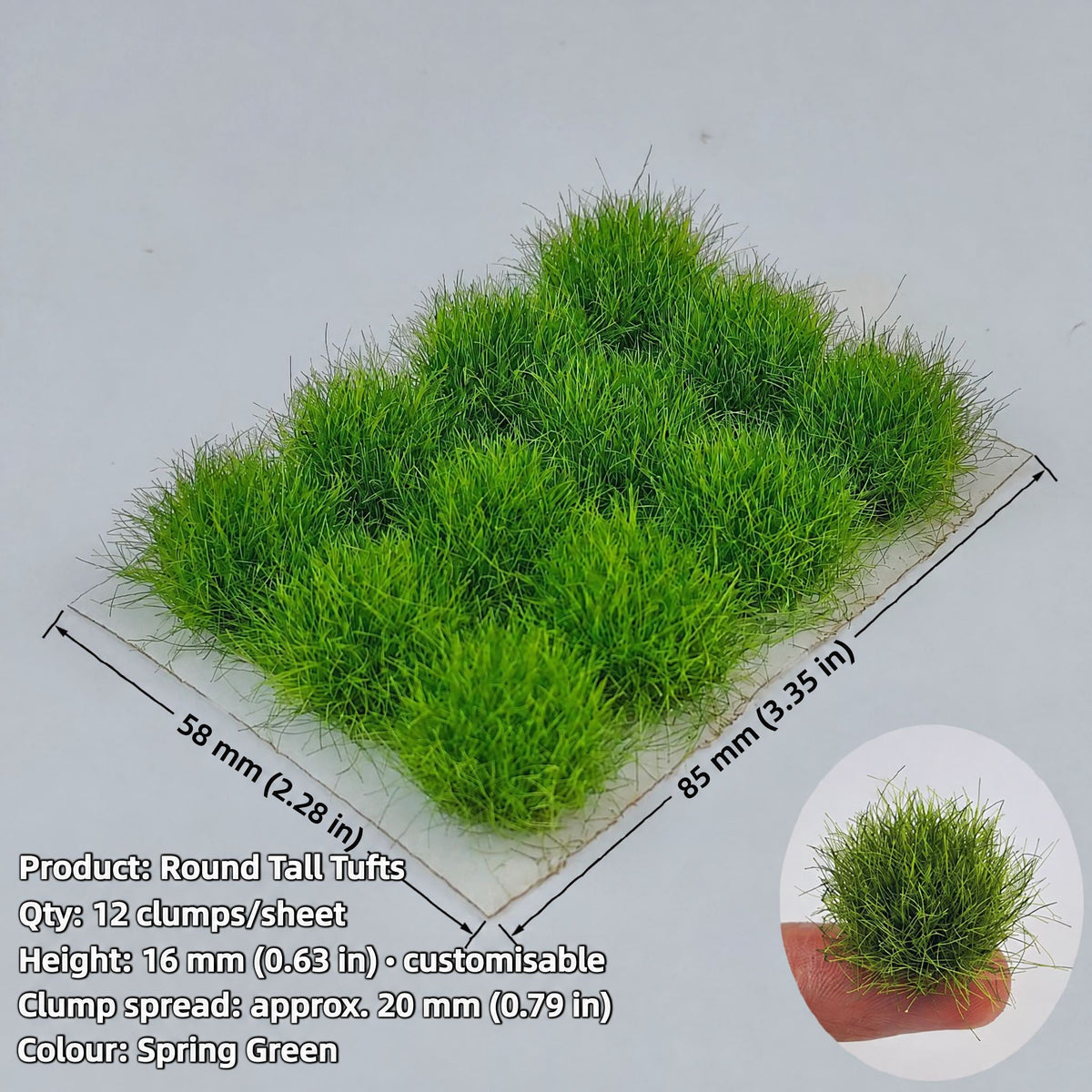 Tall grass tufts, 12 clumps per sheet, 16 mm, spring green, clump spread approx. 20 mm - Wargame Base World