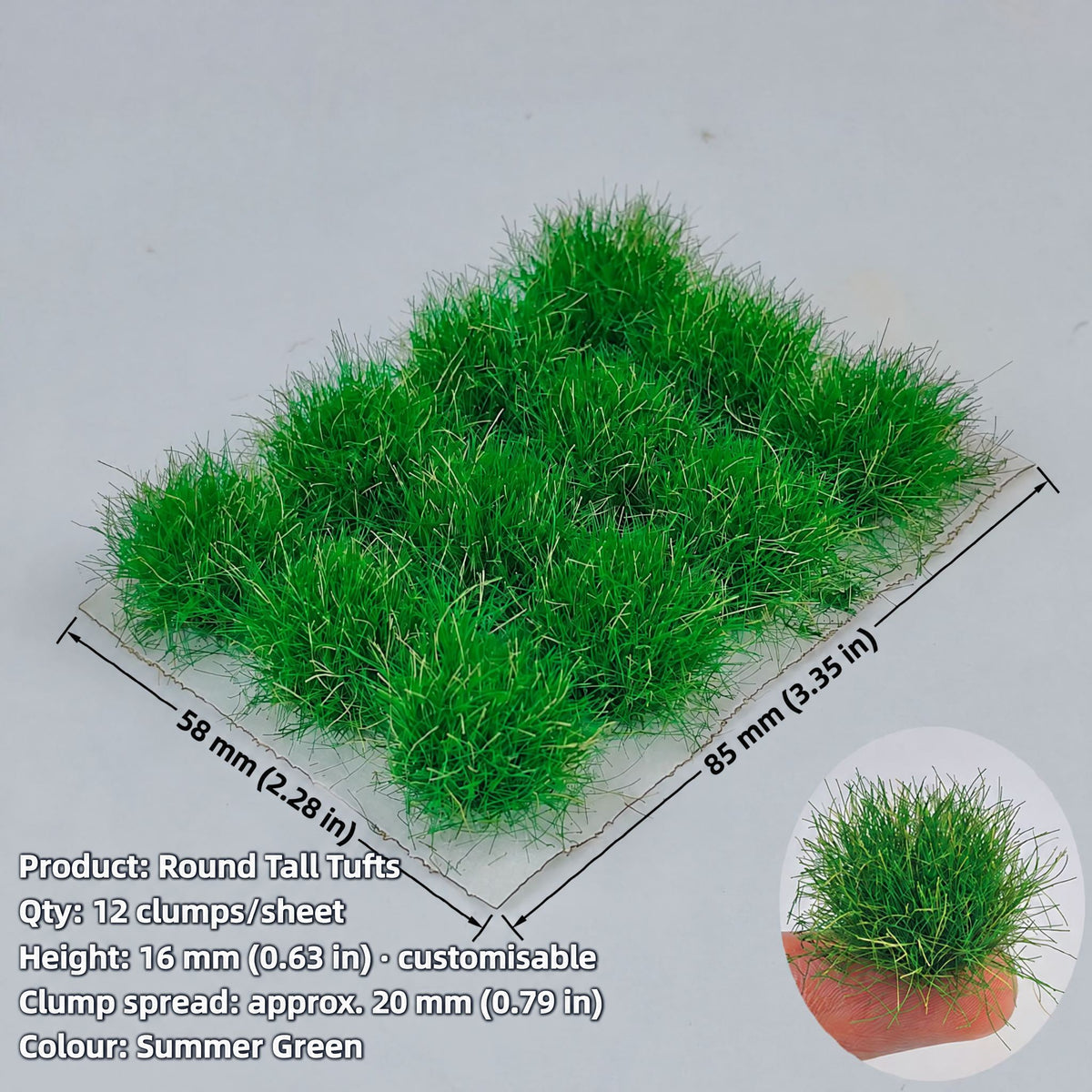 Tall grass tufts, 12 clumps per sheet, 16 mm, summer green, clump spread approx. 20 mm - Wargame Base World